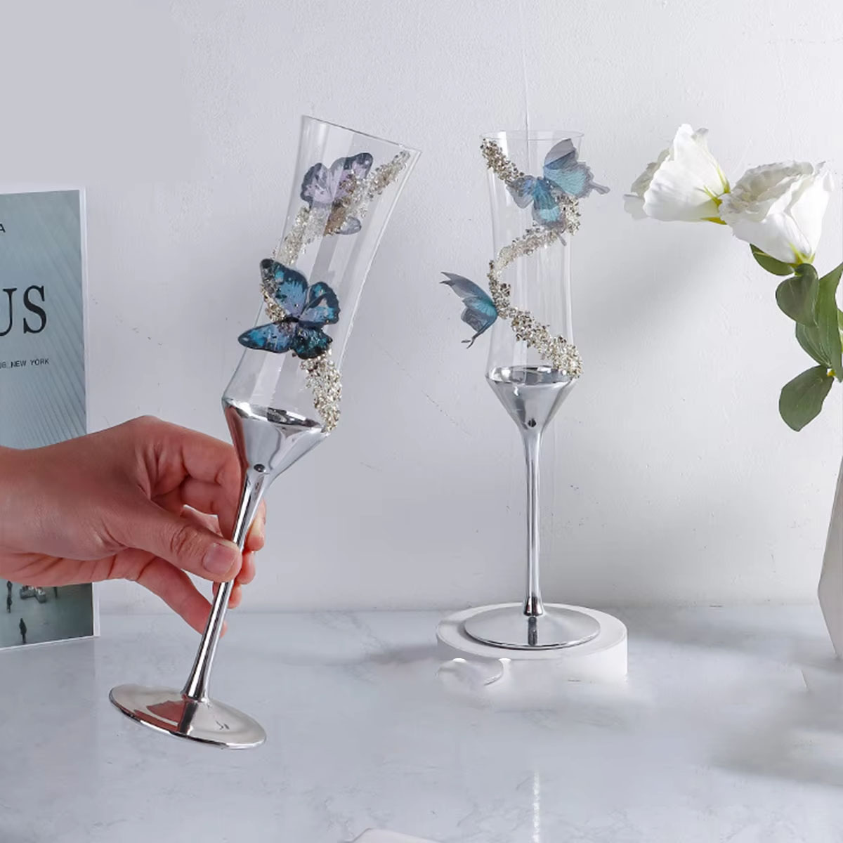 Champagne Flute Pair - Butterfly Champagne Glass Electroplating Household Crystal